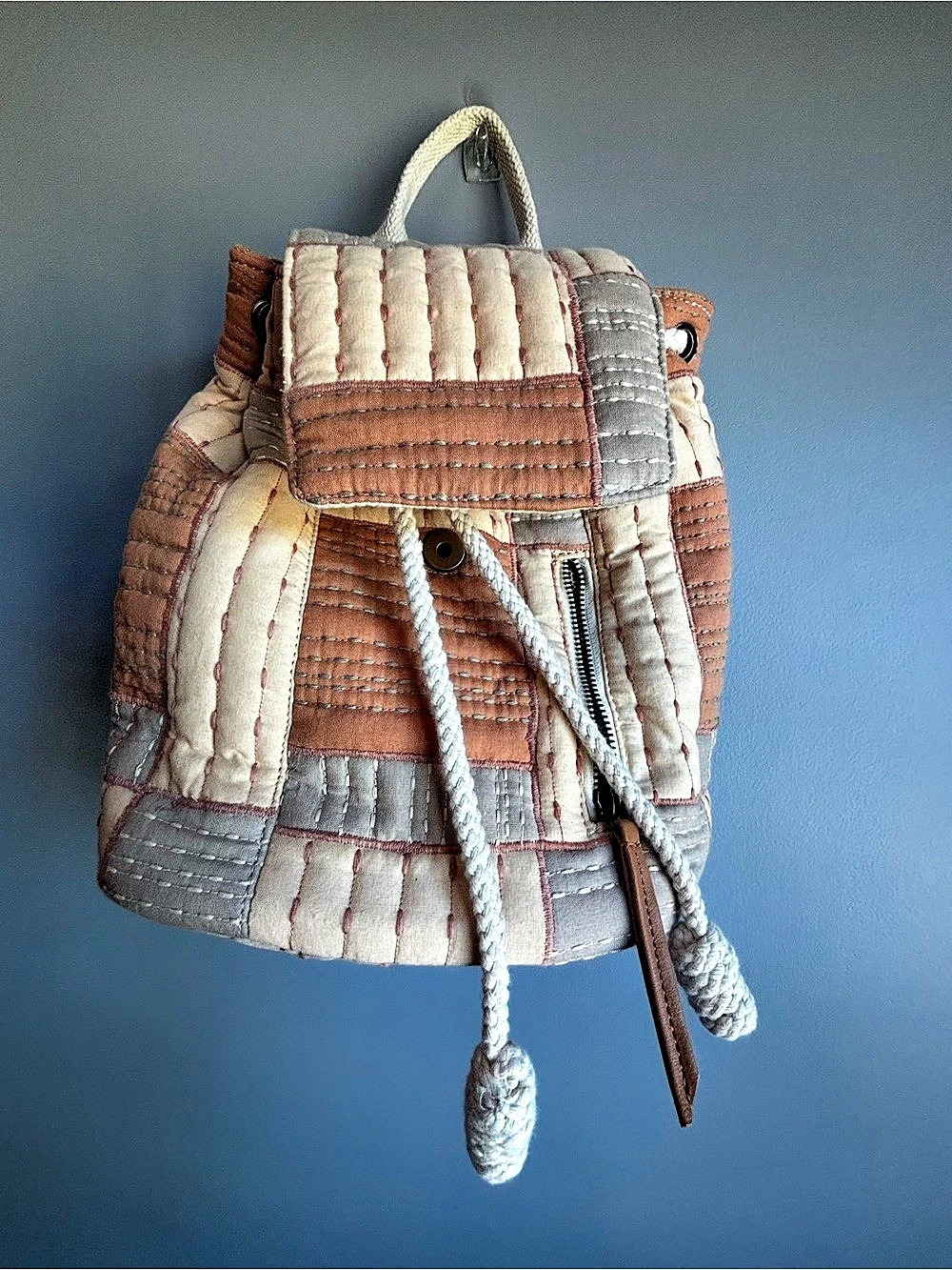 Universal Thread Patchwork Quilted Drawstring Backpack Brown & Cream